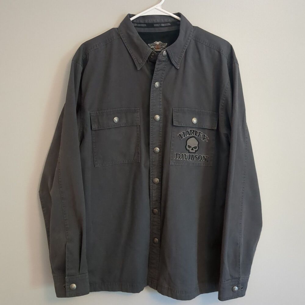 Harley Davidson Mens Gray Grey Cotton Canvas Shirt Jacket Willie G Skull Medium